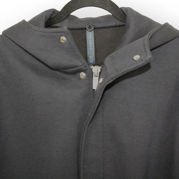 Large Zara Man Duffel Overcoat Navy Blue Poly-Cotton Weave Zip Snap Hood - Picture 8 of 14